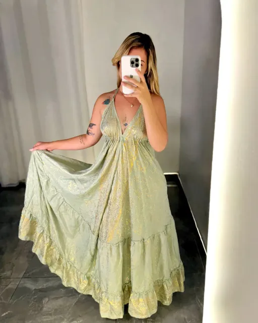 Vestido Indiano longo - Jade (com detalhes dourados!)