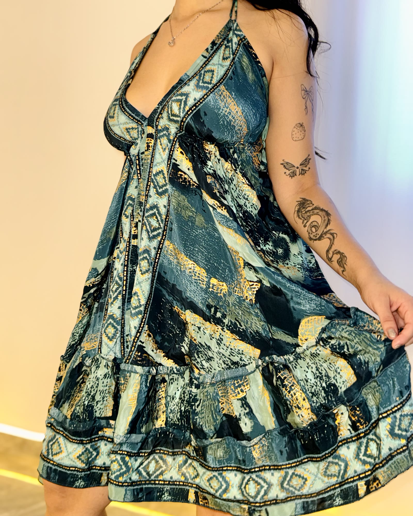 Vestido Indiano curto - Ocean (com detalhes dourados)