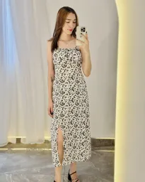 Vestido Flora midi - Branco com flores pretas 1